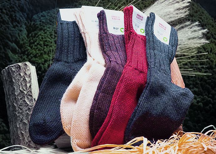 Fünf bunte Hirsch Natur Socken stehen aufrecht in einer Naturkulisse